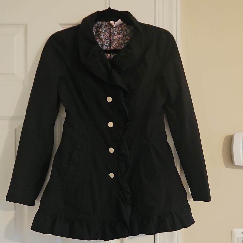 Sweet Black Women's Coat with Ruffle Detail